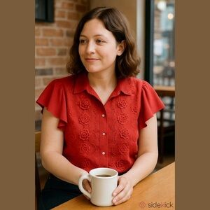 VTG Red Roses Floral 3D Applique Blouse Flutter Sleeve Tiffany & Tiffany sz M‎